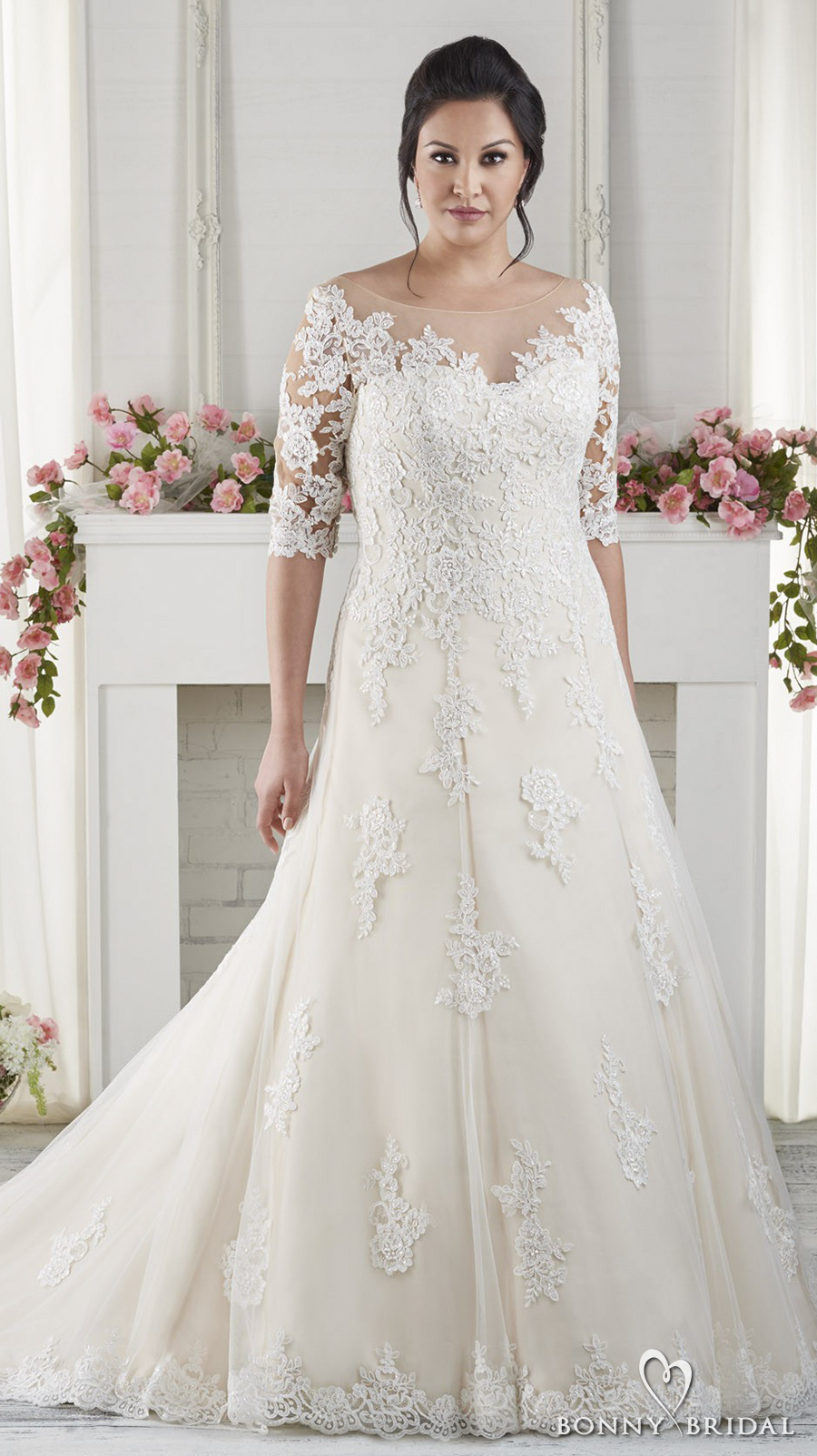 bonny bridal 2017 half sleeves sweetheart neckline heavily embellished bodice plus size drop waist modified a  line wedding dress chapel train (1618) mv