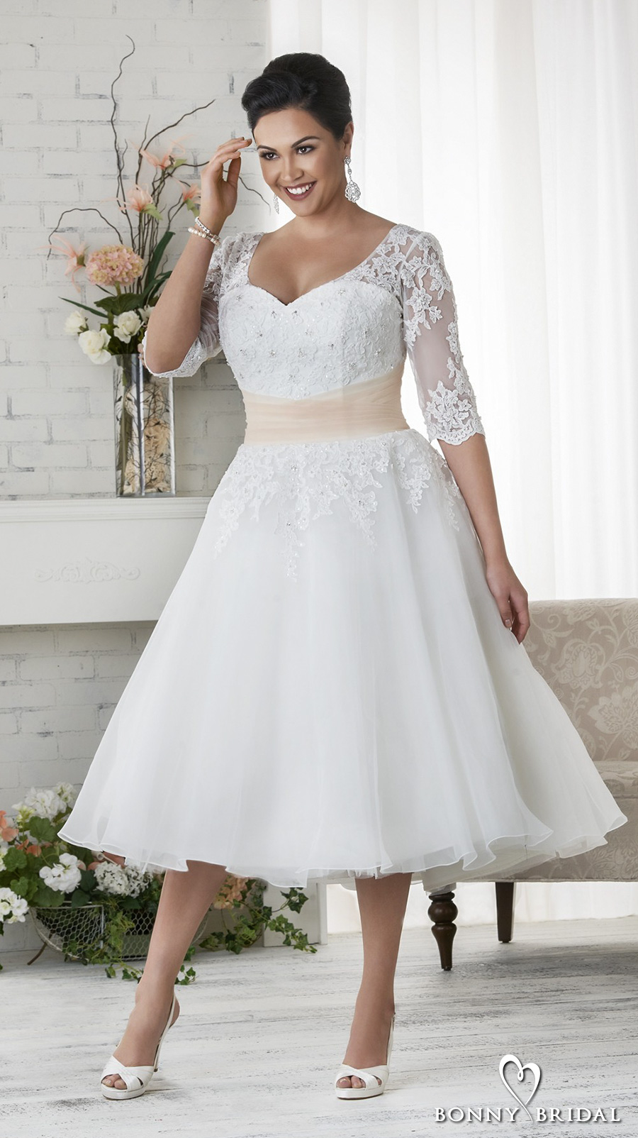 bonny bridal 2017 half sleeves sweetheart neckline heavily embellished plus size tea length short wedding dress covered lace back (1523)  fv