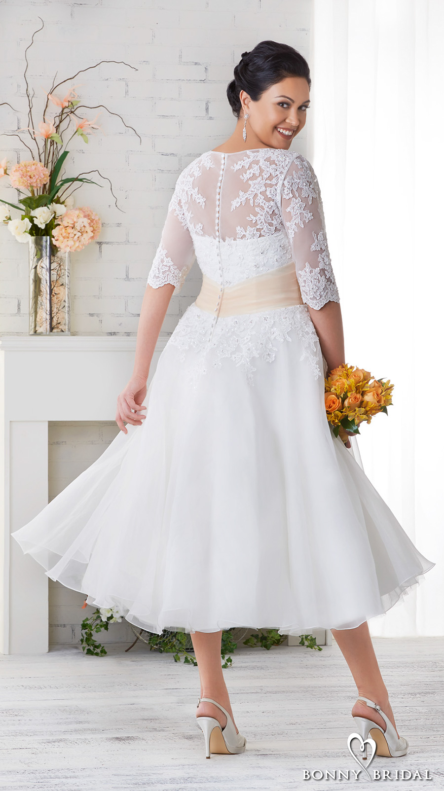 bonny bridal 2017 half sleeves sweetheart neckline heavily embellished plus size tea length short wedding dress covered lace back (1523) mv bv