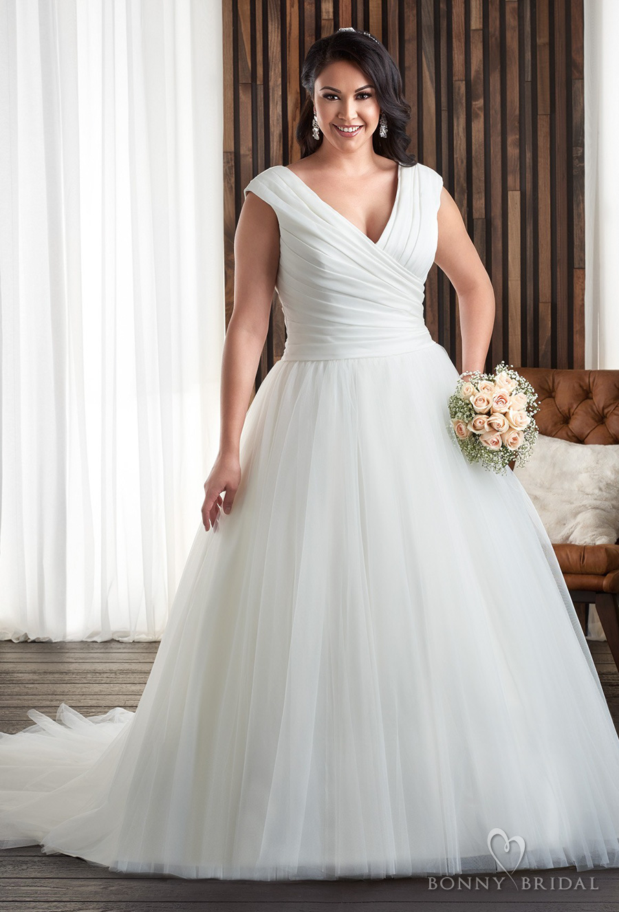 bonny bridal 2017 sleeveless v neck wrap over ruched bodice plus size a  line tulle skirt wedding dress covered back chapel train (1702) mv