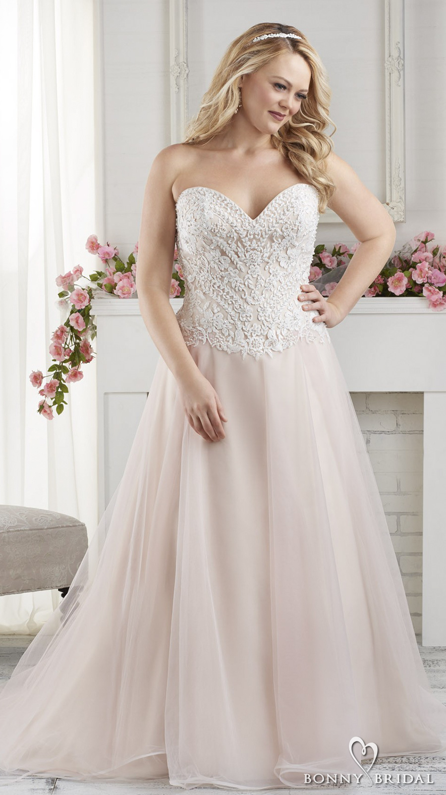 bonny bridal 2017 strapless sweetheart neckline heavily embellished bodice plus size pink blush color chapel train (1628) mv