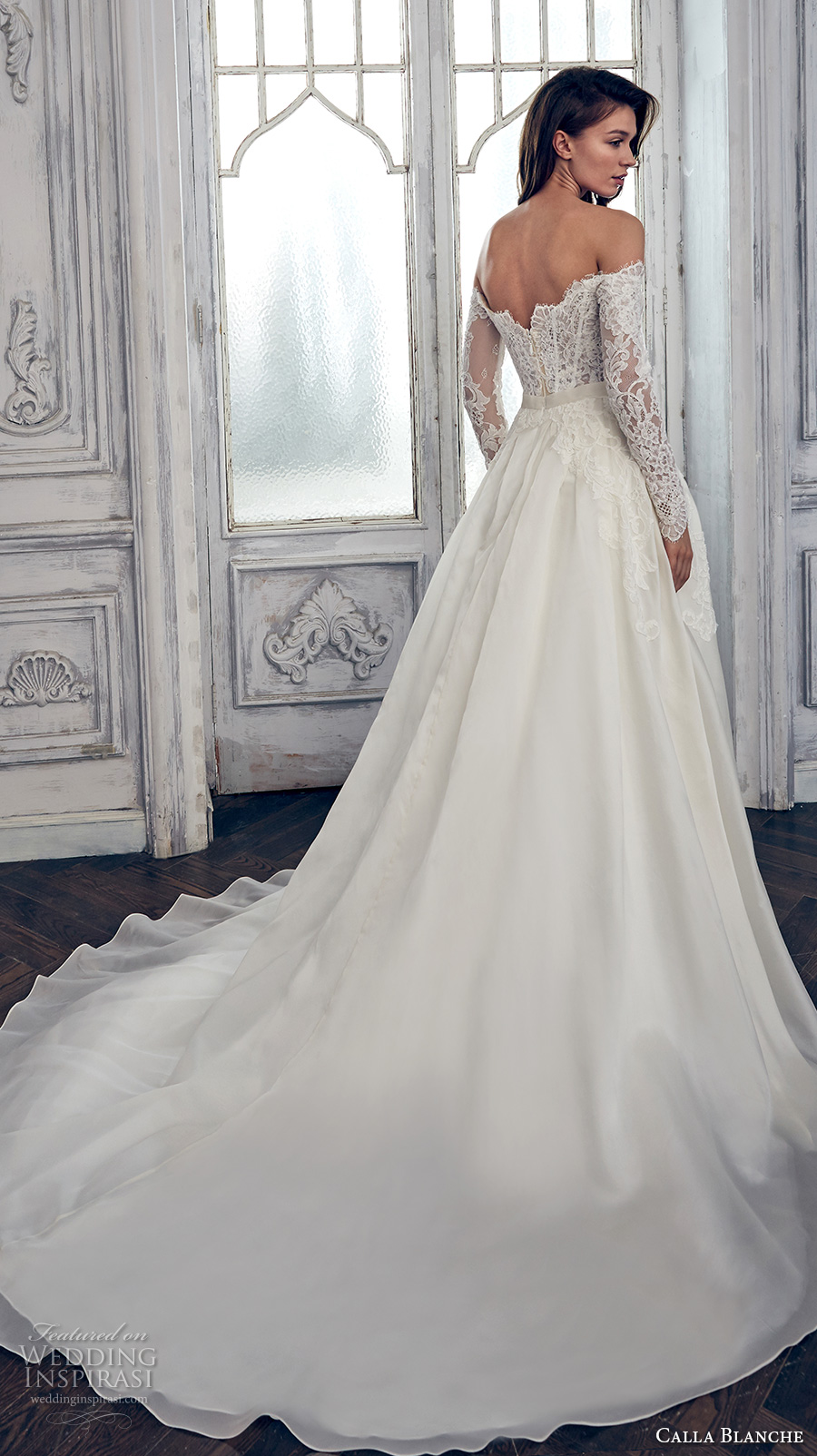 calla blanche spring 2017 bridal long sleeves off the shoulder scallop straight across neckline heavily embroidered bodice romantic a  line wedding dress chapel train (17108) bv