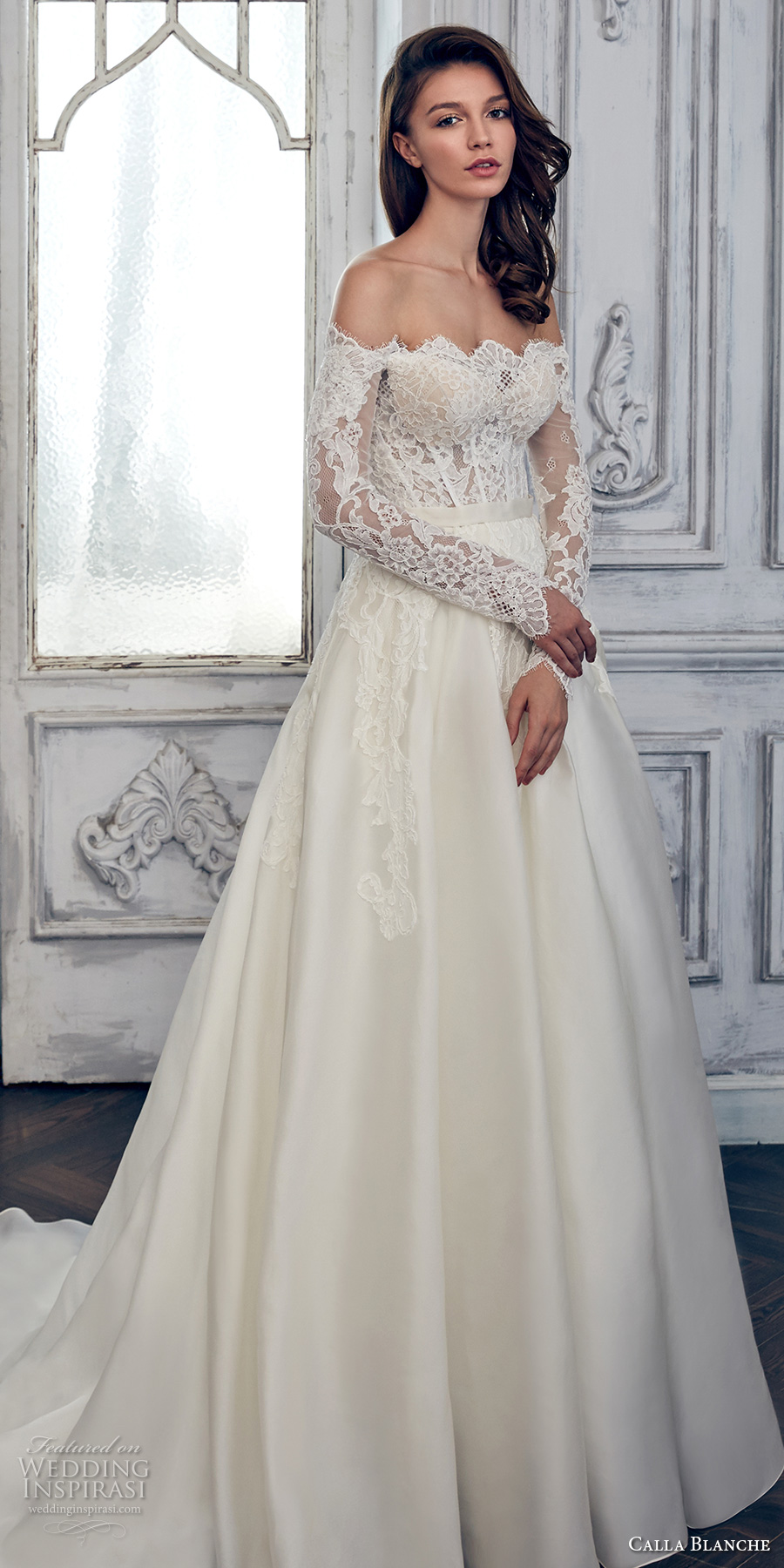 calla blanche spring 2017 bridal long sleeves off the shoulder scallop straight across neckline heavily embroidered bodice romantic a  line wedding dress chapel train (17108) mv