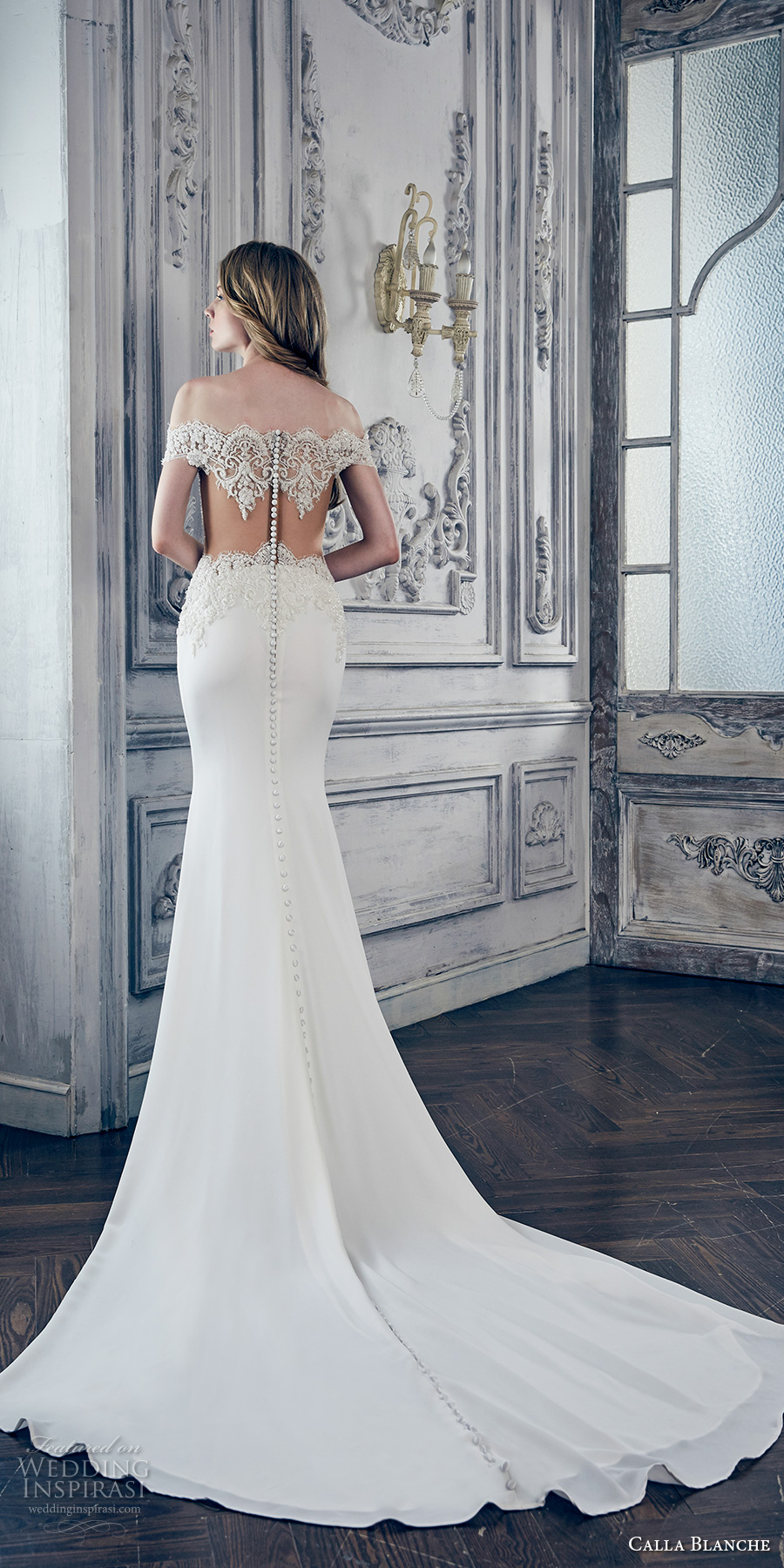 calla blanche spring 2017 bridal off the shoulder cap sleeves scallop neckline heavily embellished bodice elegant fit and flare wedding dress illusion back chapel train (17119) bv