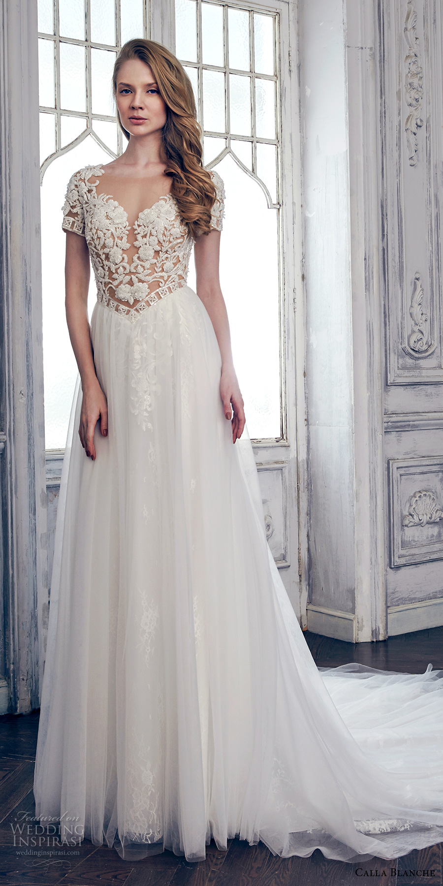 calla blanche spring 2017 bridal short sleeves sweetheart neckline heavily embroidered bodice romantic sexy modified a  line wedding dress keyhole back chapel train (17110) mv