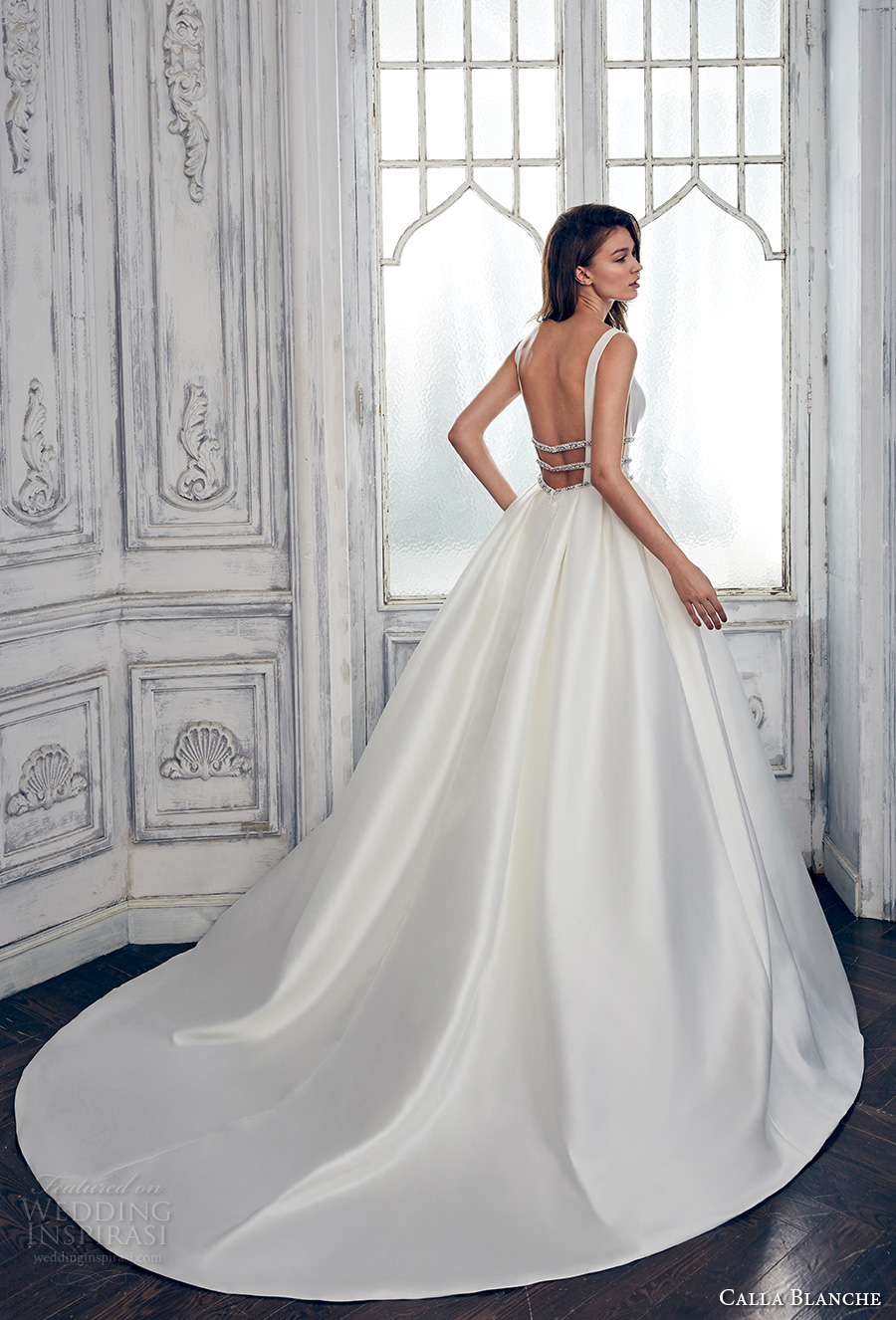 calla blanche spring 2017 bridal sleeveless with strap deep plunging v neck lightly embellished bodice clean side open romantic a  line wedding dress open low back long train (17111) bv