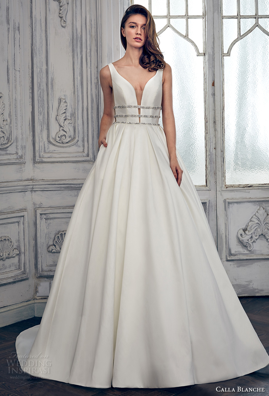 calla blanche spring 2017 bridal sleeveless with strap deep plunging v neck lightly embellished bodice clean side open romantic a  line wedding dress open low back long train (17111) mv