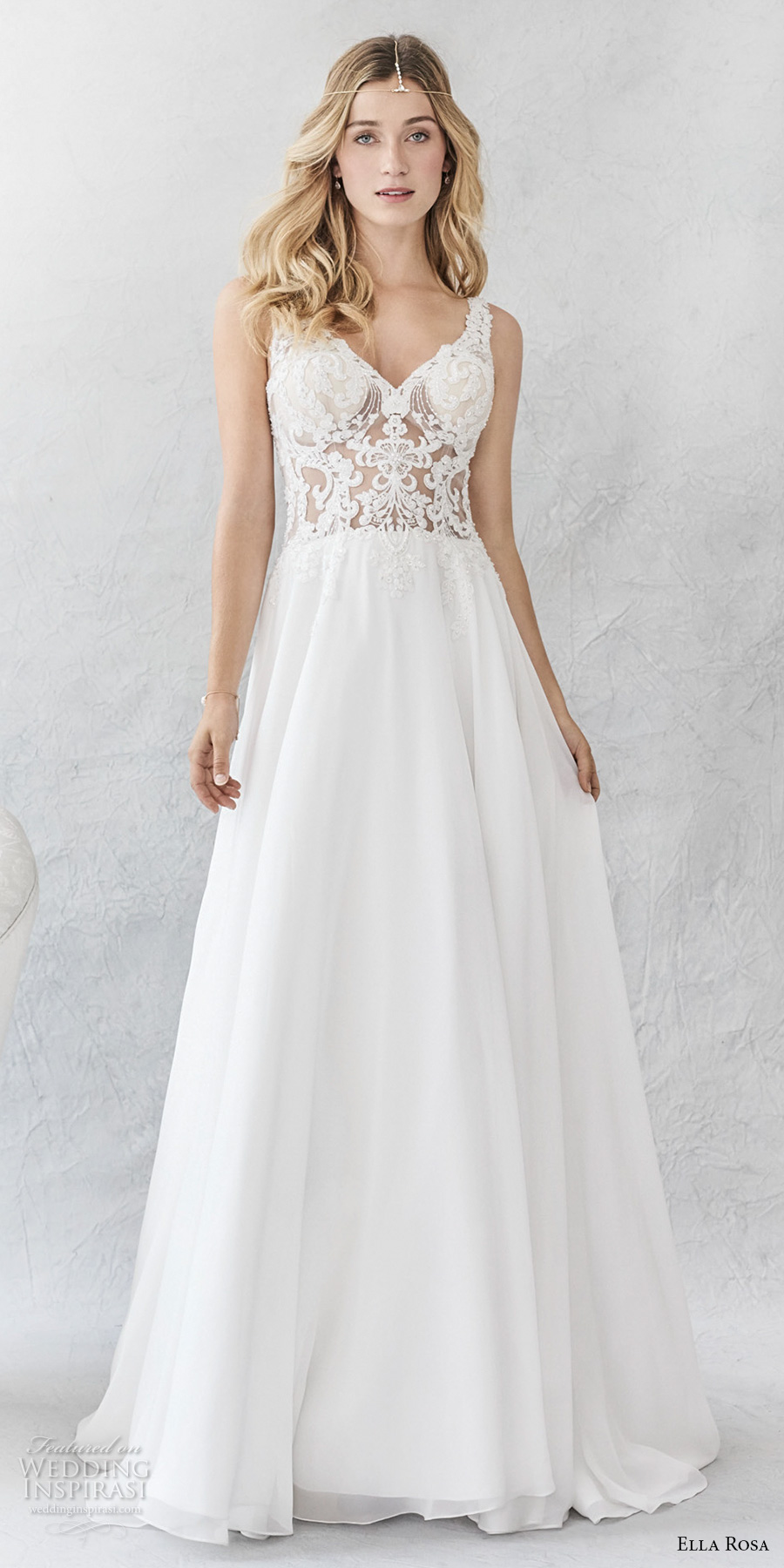 ella rosa spring 2017 bridal sleeveless embroidered strap v neck heavily embroidered bodice romantic modified a  line wedding dress open v back chapel train (379) mv