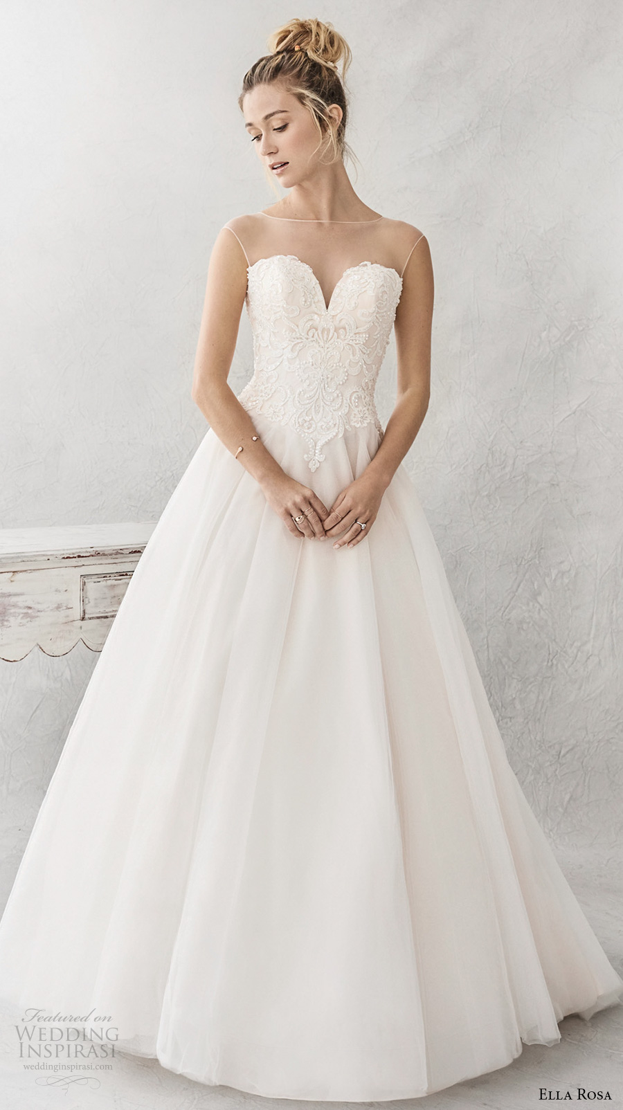 ella rosa spring 2017 bridal sleeveless illusion boat neck deep sweetheart neckline heavily embellished bodice romantic a  line wedding dress sheer back chapel train (385) mv