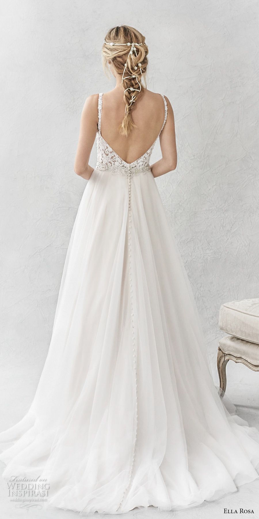 ella rosa spring 2017 bridal sleeveless with strap deep plunging sweetheart neckline heavily embellished bodice open scoop back sweep train (358) bv