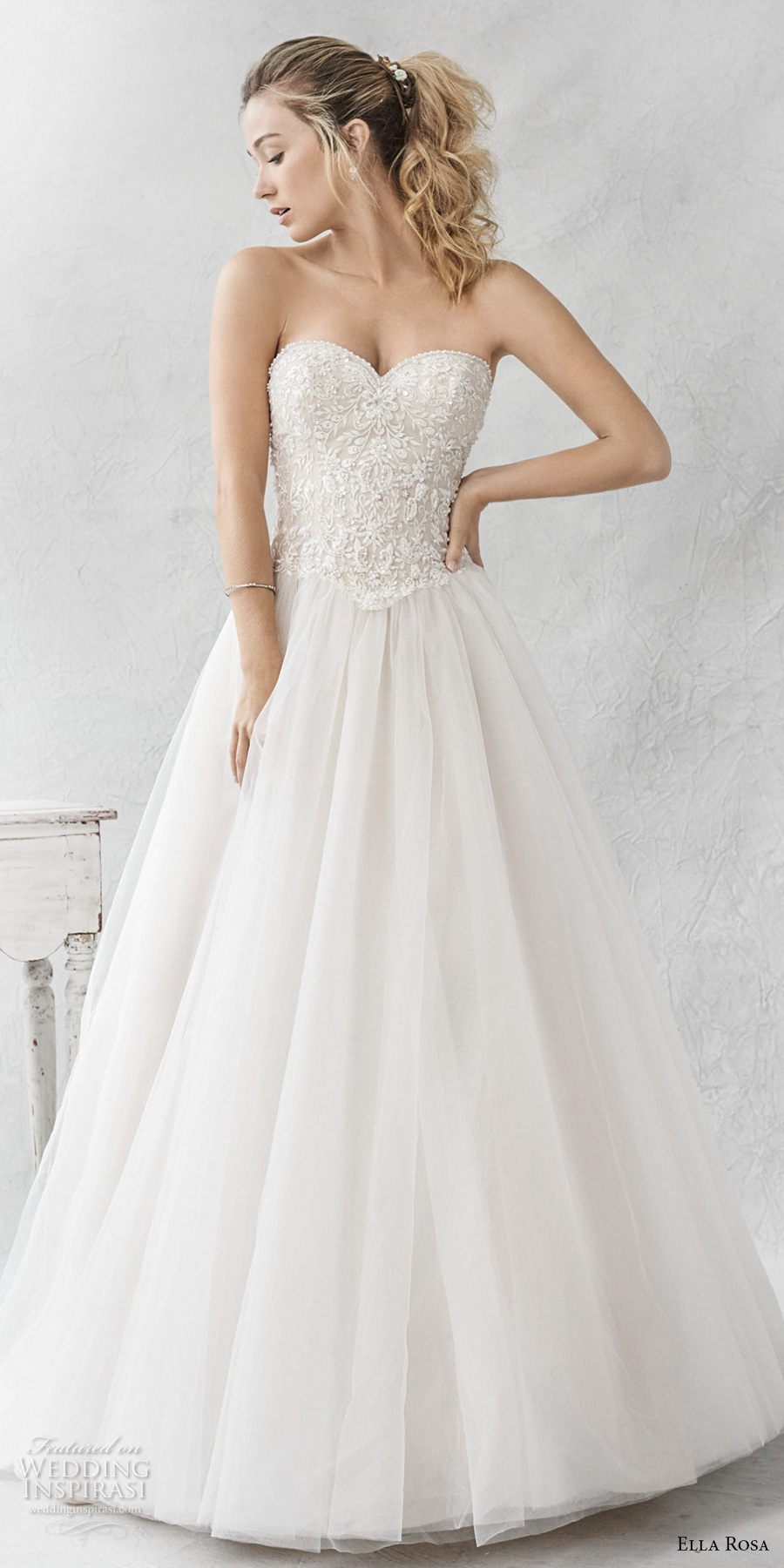 ella rosa spring 2017 bridal strapless sweetheart neckline heavily embellished bodice tulle skirt romantic a  line wedding dress chapel train (368) mv