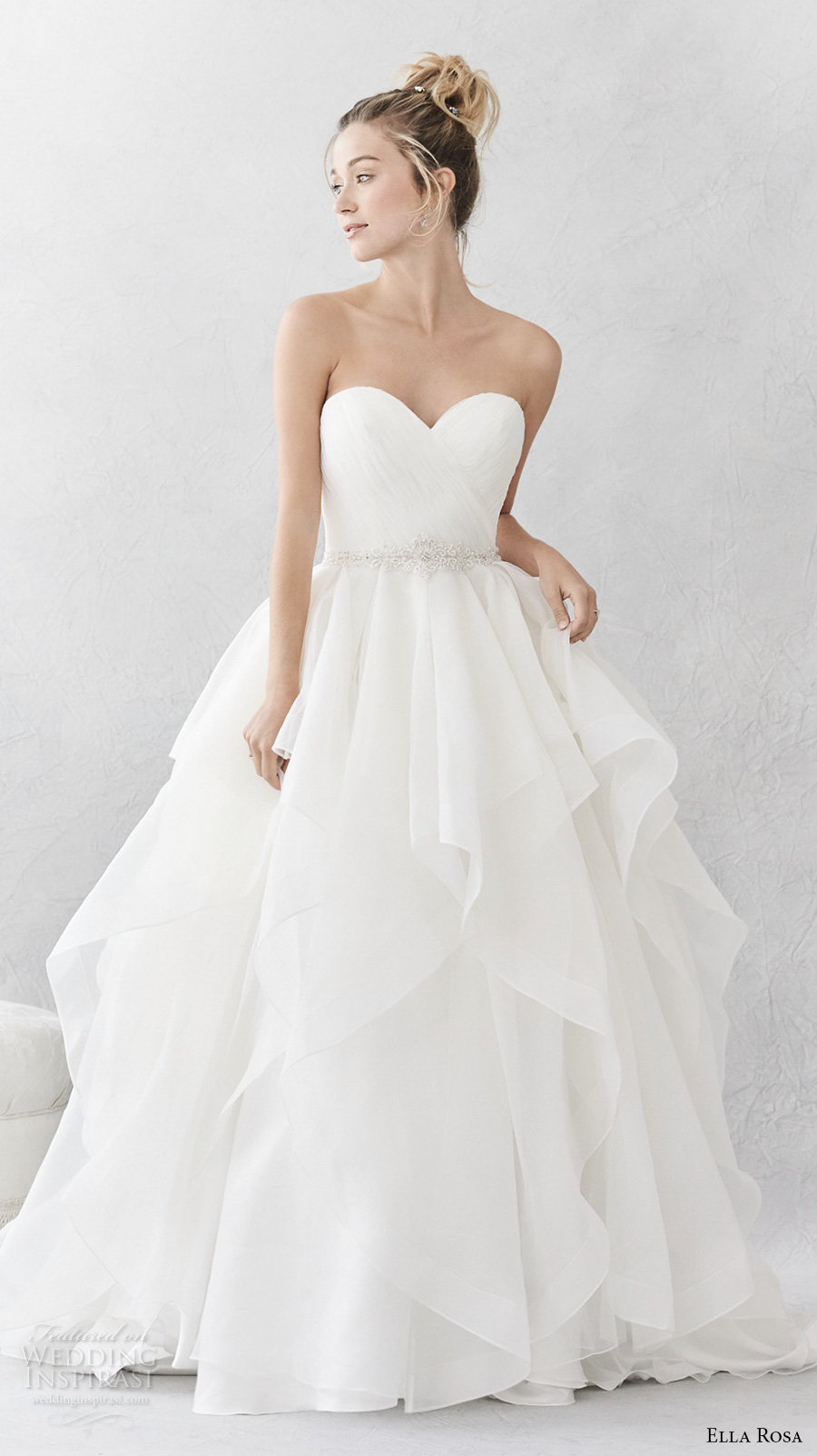 ella rosa spring 2017 bridal strapless sweetheart neckline wrap over bodice simple layer skirt ball gown a  line wedding dress open back chapel train (376) mv