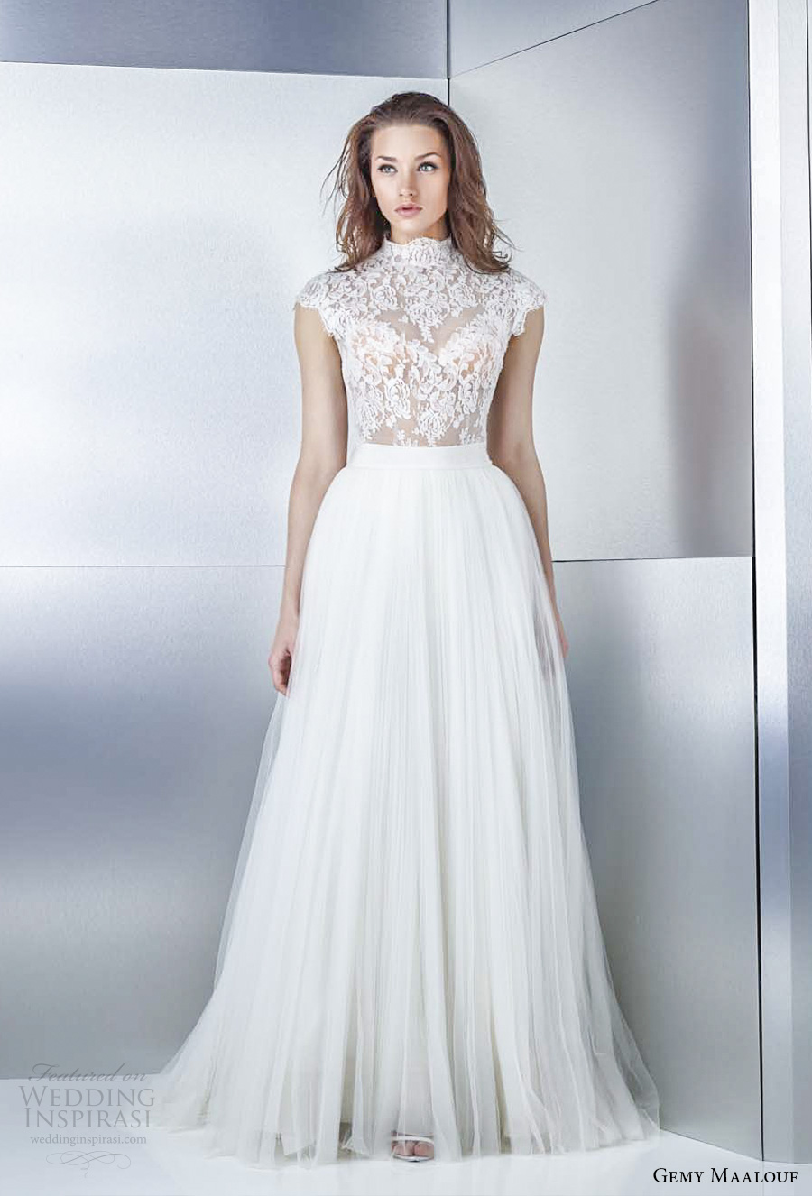 gemy maalouf 2017 bridal cap sleeves high neck heavily embellished bodice tulle skirt romantic a  line wedding dress covered lace back sweep train (3239 3759) mv