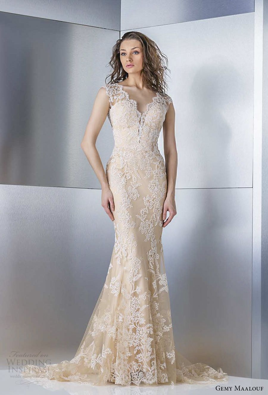 gemy maalouf 2017 bridal sleeveless thick lace strap sweetheart neckline full embellishment gold color elegant fit and flare wedding dress keyhole back sweep train (4855) mv