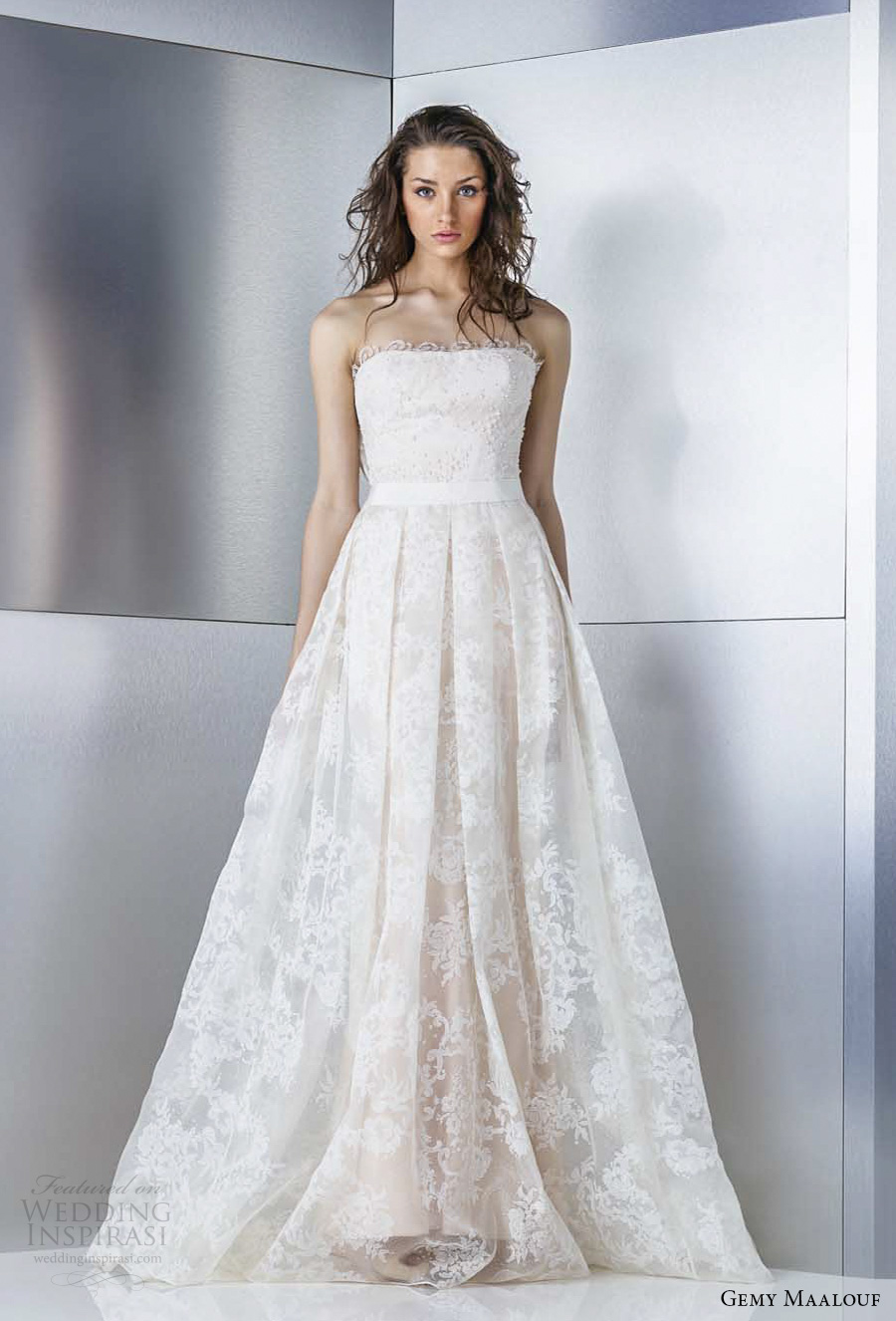 gemy maalouf 2017 bridal strapless straight across neckline full embellishment pleated skirt romantic a  line wedding dress sweep train (4811) mv