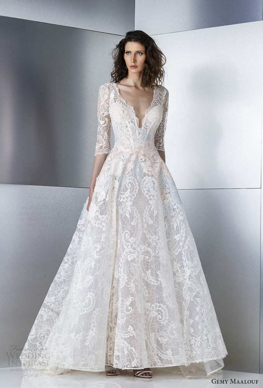 gemy maalouf 2017 bridal three quater sleeves deep plunging v neck full embellishment lace romantic elegant a  line wedding dress open v back sweep train (w17 4787) fv