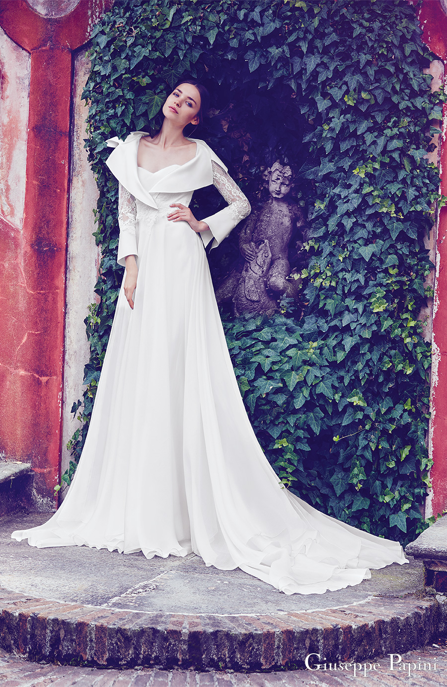 giuseppe papini 2017 (florence) long bell sleeves collar sweetheart a line wedding dress mv train