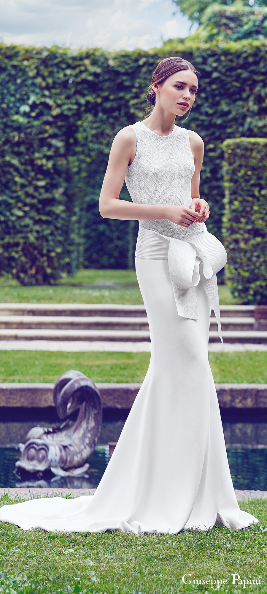 giuseppe papini 2017 (verona) sleeveless jewel neck embellished bodice sheath wedding dress mv modern sash