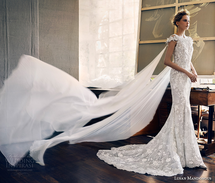 lusan mandongus 2017 bridal cap sleeves bateau neckline full embellishment elegant fit and flare wedding dress lace sheer back chapel train (leonids) mv