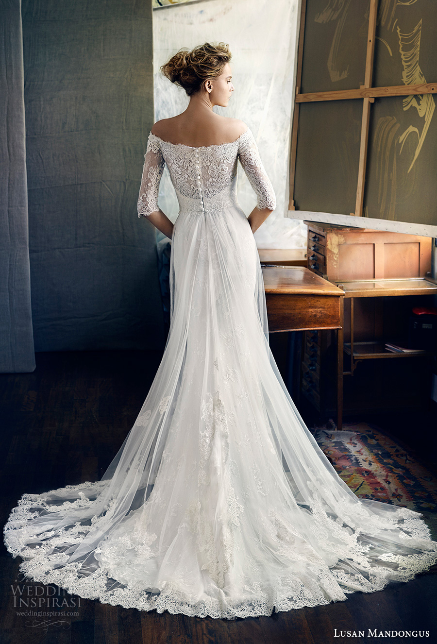 lusan mandongus 2017 bridal half sleeves off the shoulder illusion straight across sweetheart neckline heavily embellished bodice romantic covered lace back chapel train (zeta) bv