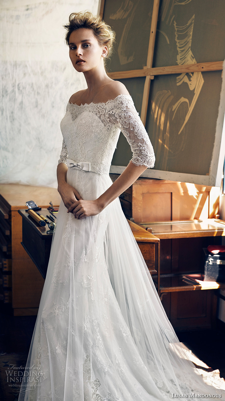 lusan mandongus 2017 bridal half sleeves off the shoulder illusion straight across sweetheart neckline heavily embellished bodice romantic covered lace back chapel train (zeta) mv