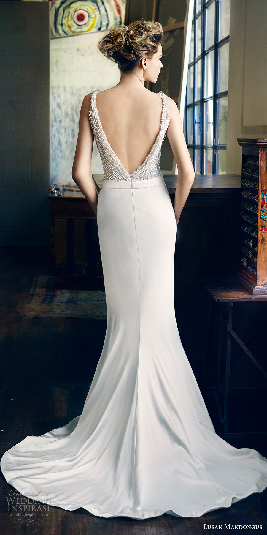 lusan mandongus 2017 bridal sleeveless deep v neck heavily embellished beaded bodice elegant glamorous sheath wedding dress open low v back sweep train (peridot) bv