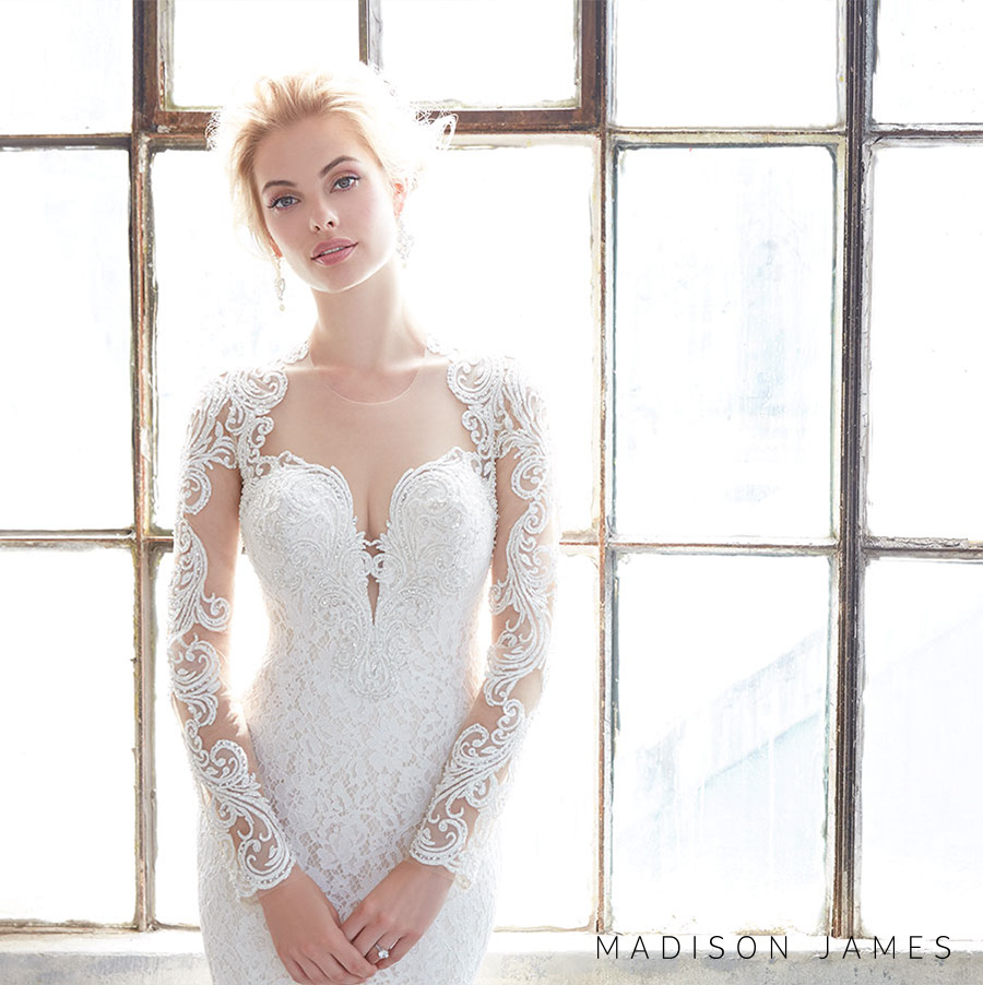 madison james spring 2017 bridal long sleeveless queens anne deep plunging sweetheart neckline full embroidered lace elegant sheath wedding dress sheer keyhole back chapel train (mj309) zv