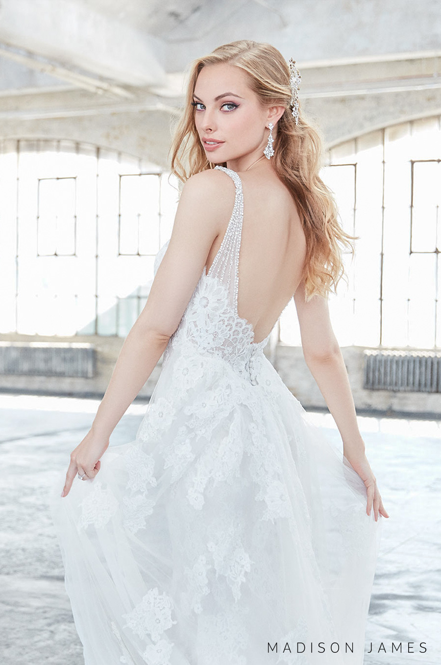 madison james spring 2017 bridal sleeveless embellished strap sweetheart neckline full embroidered lace elegant sheath sexy wedding dress open low back chapel train (mj314) zbv