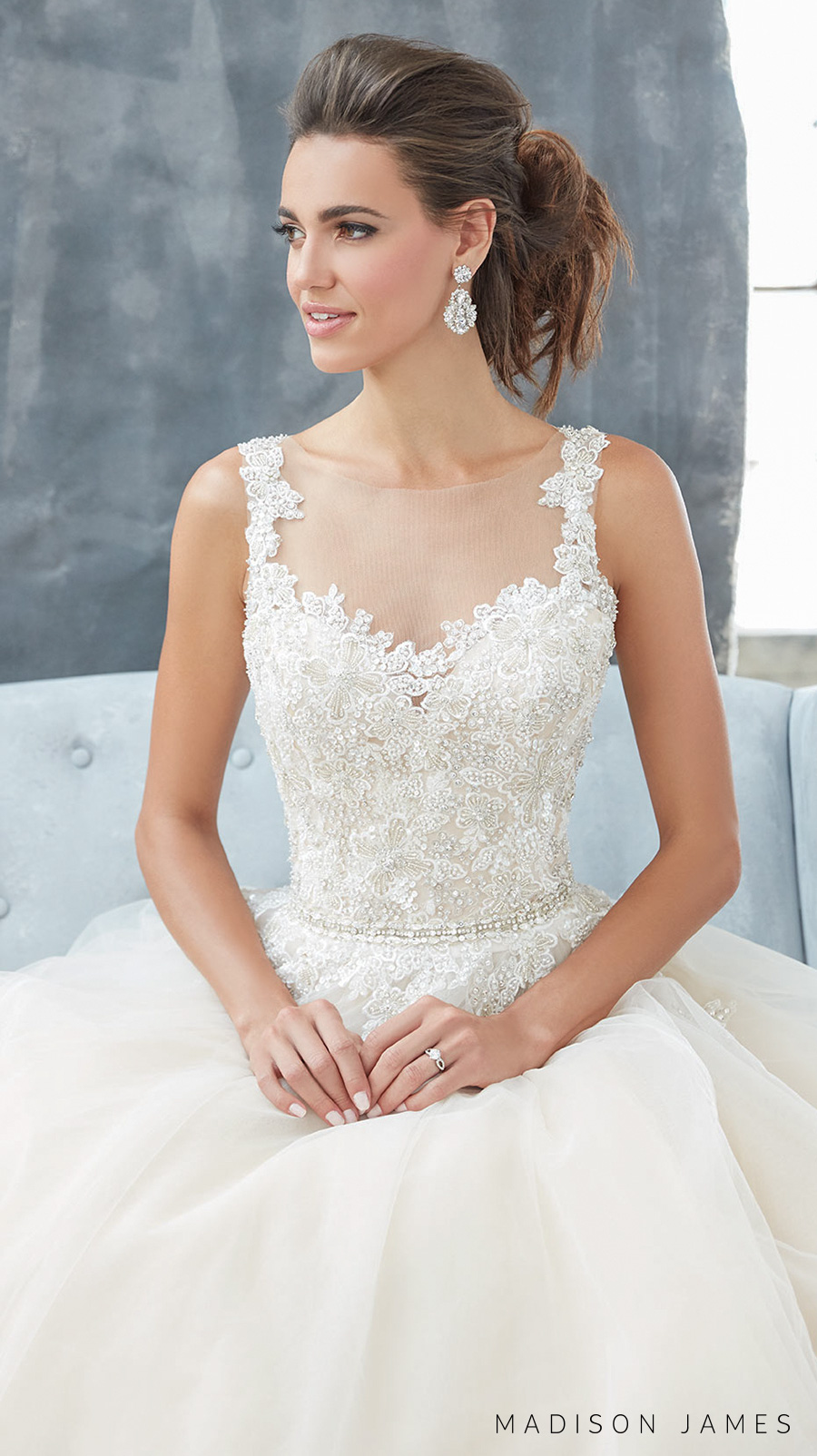 madison james spring 2017 bridal sleeveless embroidered strap sweetheart neckline heavily embellished bodice elegant romantic a  line wedding dress sheer back chapel train (mj304) zv