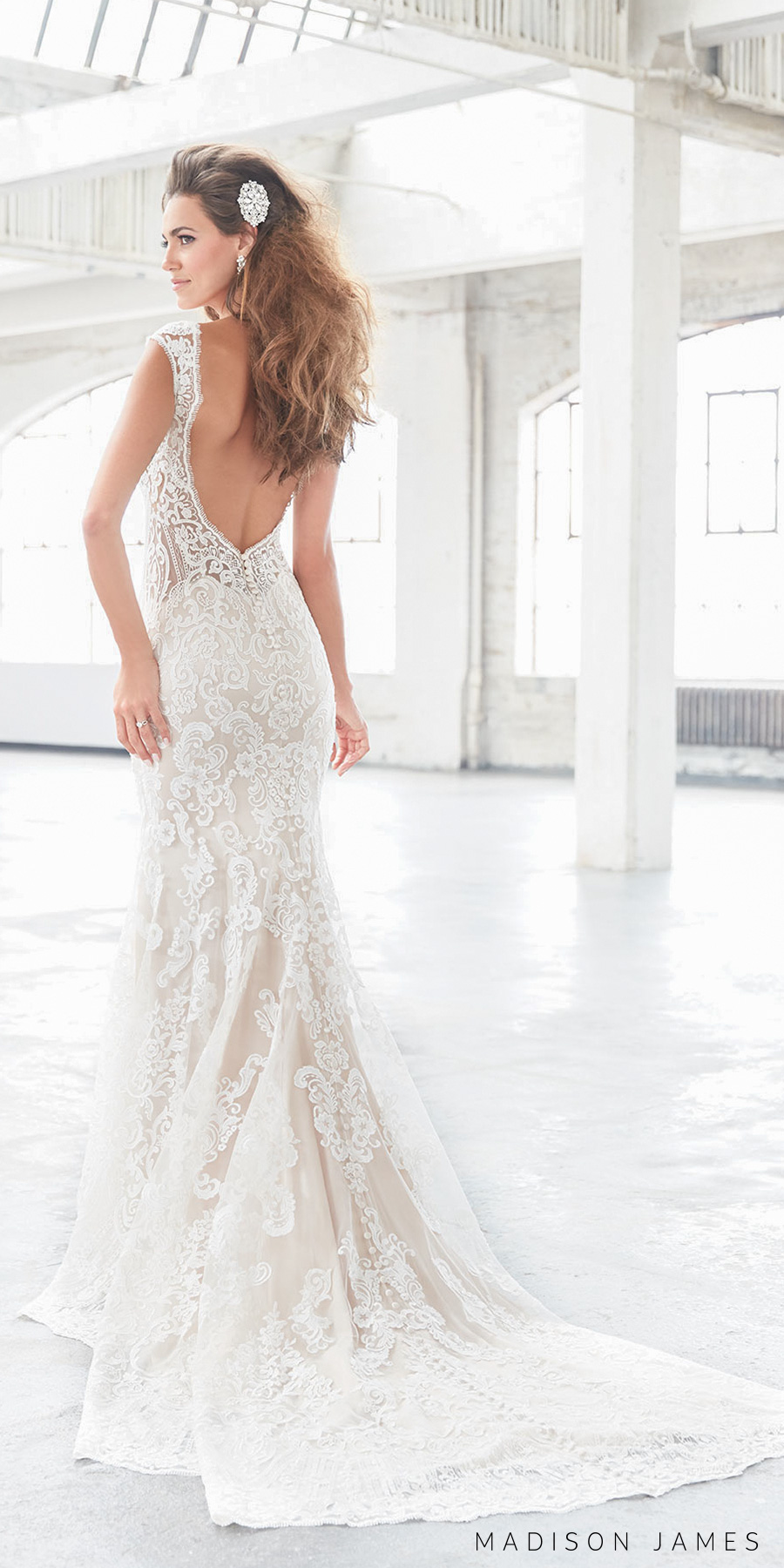 madison james spring 2017 bridal sleeveless thick strap full embroidered lace elegant sexy sheath fit and flare wedding dress open low back chapel train (mj310) bv