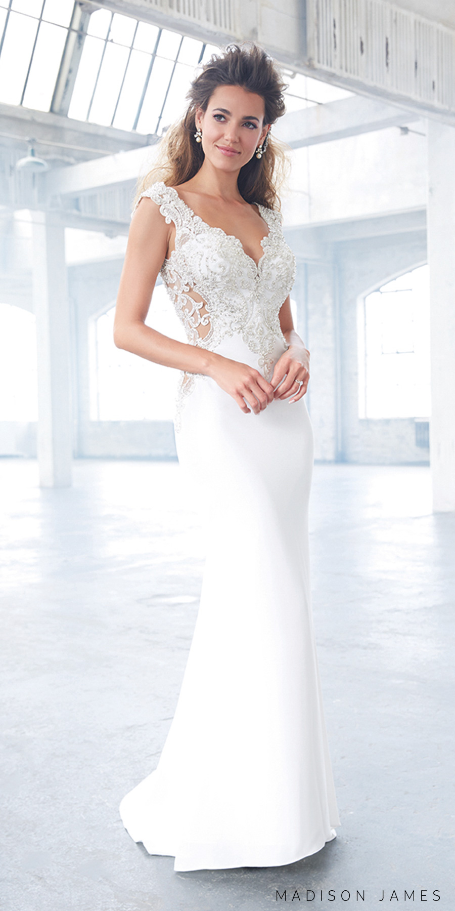 madison james spring 2017 bridal sleeveless thick strap v neck heavily embellished bodice glamorous elegant sheath wedding dress open low back chapel train (mj307) mv