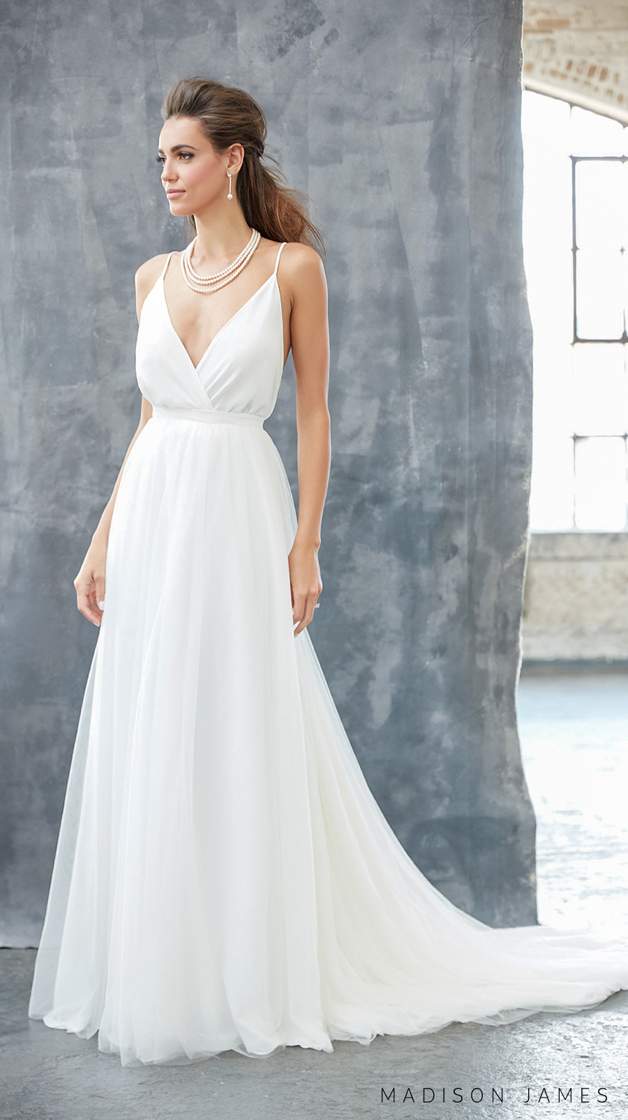 madison james spring 2017 bridal spagetti strap v neck simple clean surplice bodice elegant romantic elegant a  line wedding dress open low v back chapel train (mj313) mv