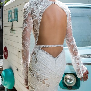 michal medina 2017 bridal long sleeves jewel neckline keyhole heavily embellished bodice high middle slit elegant sexy sheath wedding dress keyhole back sweep train (nicole) bv