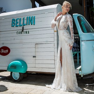 michal medina 2017 bridal long sleeves jewel neckline keyhole heavily embellished bodice high middle slit elegant sexy sheath wedding dress keyhole back sweep train (nicole) mv