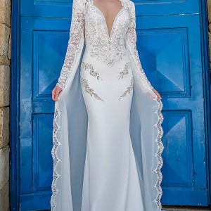 michal medina 2017 bridal long sleeves queens anne neck deep pluning sweetheart neckline heavily embellished bodice sheath wedding dress chapel train (dianne) mv
