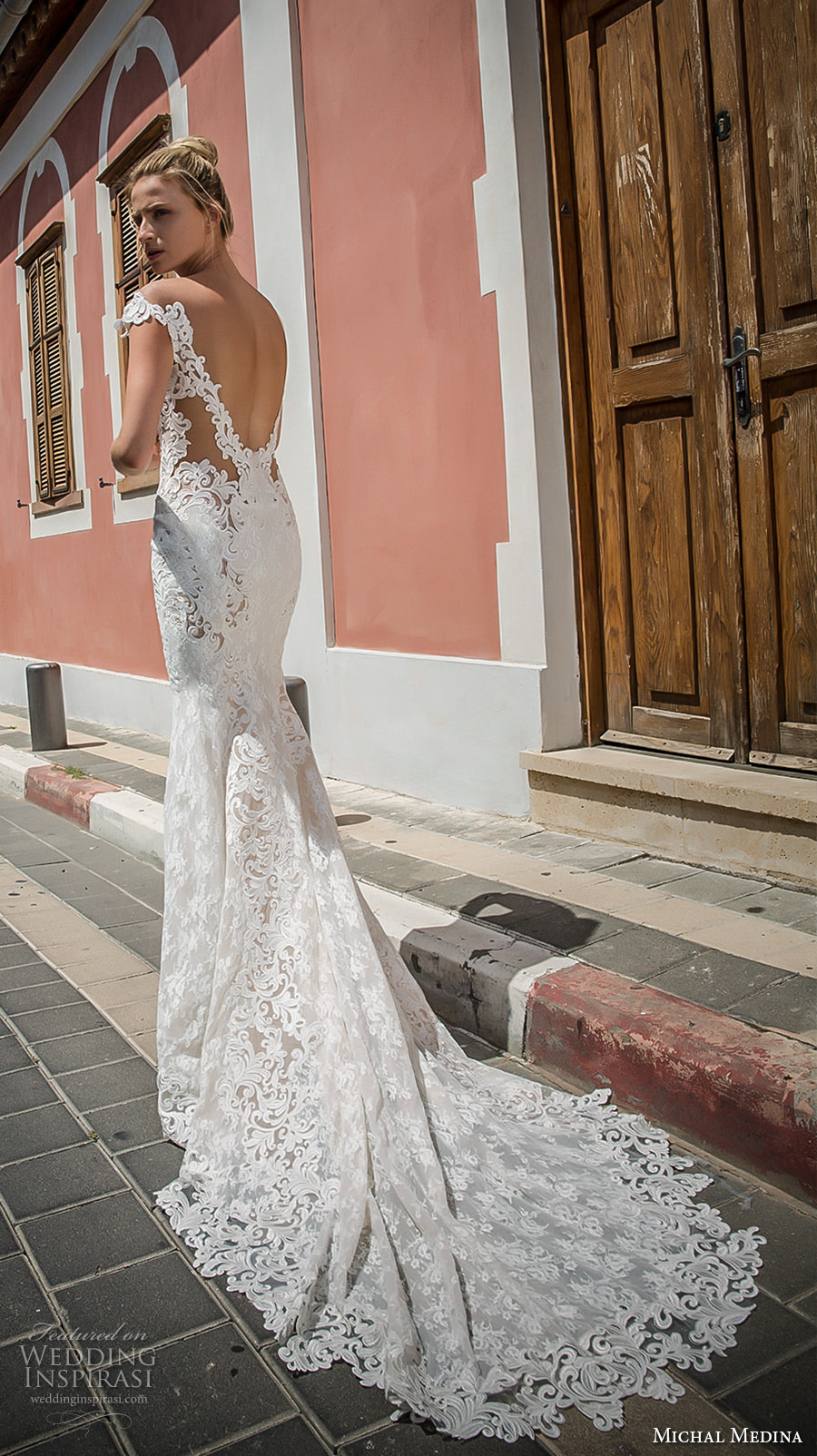 michal medina 2017 bridal off the shoulder cap sleeves deep plunging sweetheart neckline full embellishment elegant sheath fit flare wedding dress open low back chapel train (julianne)  bv