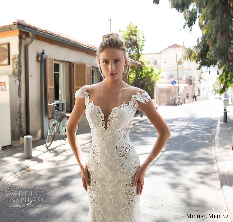 michal medina 2017 bridal off the shoulder cap sleeves deep plunging sweetheart neckline full embellishment elegant sheath fit flare wedding dress open low back chapel train (julianne) zv