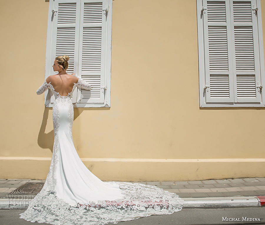 michal medina 2017 bridal off the shoulder long sleeves deep plunging sweetheart neckline heavily embellished bodice elegant sheath wedding dress open low back chapel train (audrey) bv