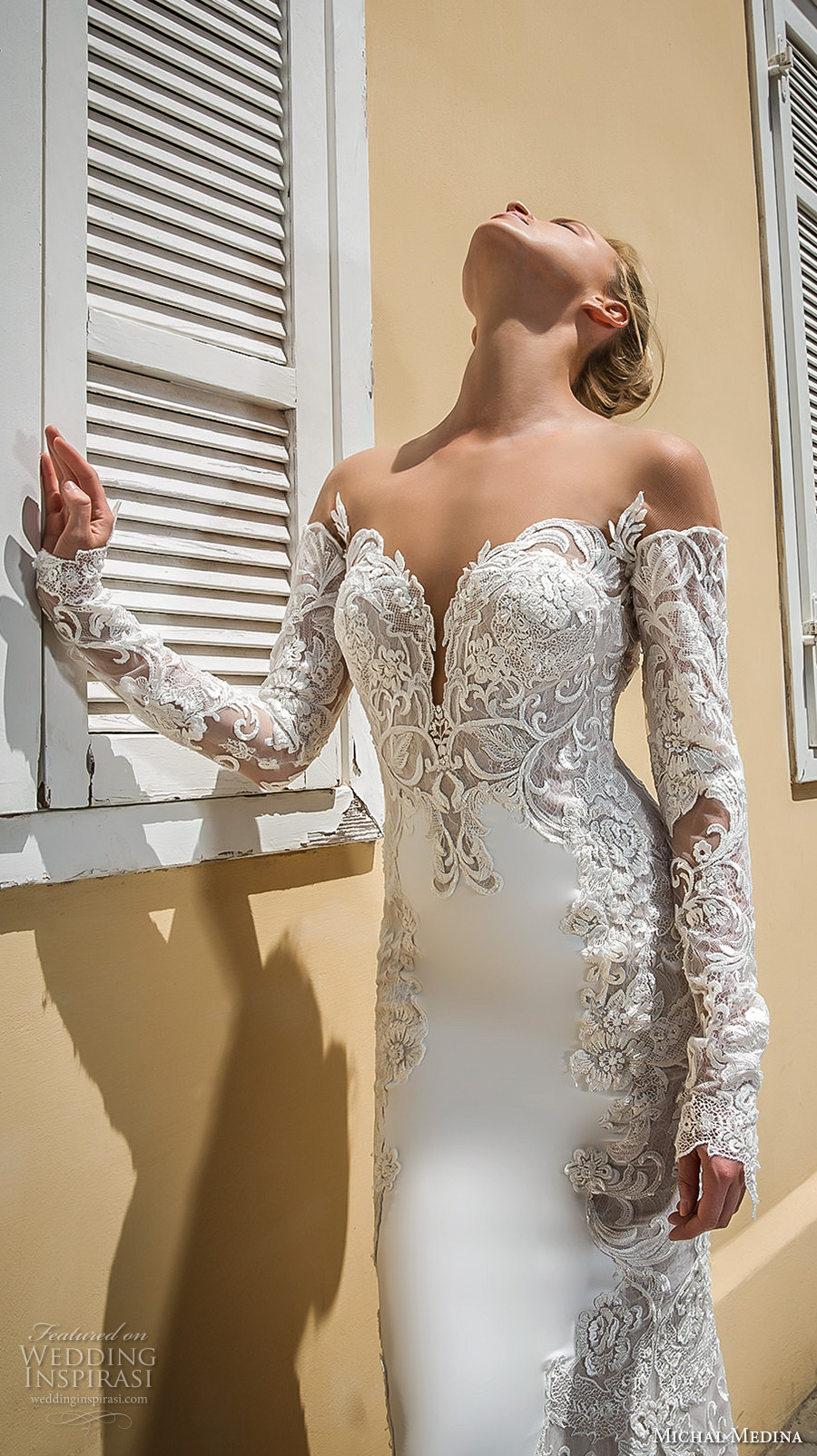 michal medina 2017 bridal off the shoulder long sleeves deep plunging sweetheart neckline heavily embellished bodice elegant sheath wedding dress open low back chapel train (audrey) zv