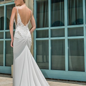 michal medina 2017 bridal spagetti strap deep plunging sweetheart neckline heavily embellished bodice elegant sheath wedding dress open low back chapel train (dianne) bv
