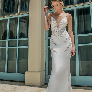 michal medina 2017 bridal spagetti strap deep plunging sweetheart neckline heavily embellished bodice elegant sheath wedding dress open low back chapel train (dianne) mv