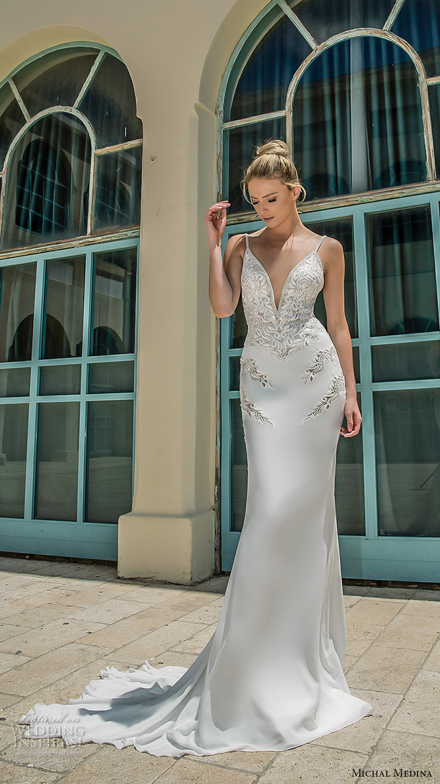 michal medina 2017 bridal spagetti strap deep plunging sweetheart neckline heavily embellished bodice elegant sheath wedding dress open low back chapel train (dianne) mv 