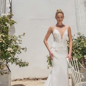 michal medina 2017 bridal spagetti strap deep plunging sweetheart neckline heavily embellished bodice elegant sheath wedding dress open low back chapel train (dianne) mv