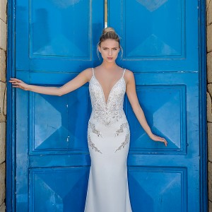 michal medina 2017 bridal spagetti strap  neck deep pluning sweetheart neckline heavily embellished bodice sheath wedding dress chapel train (dianne) mv