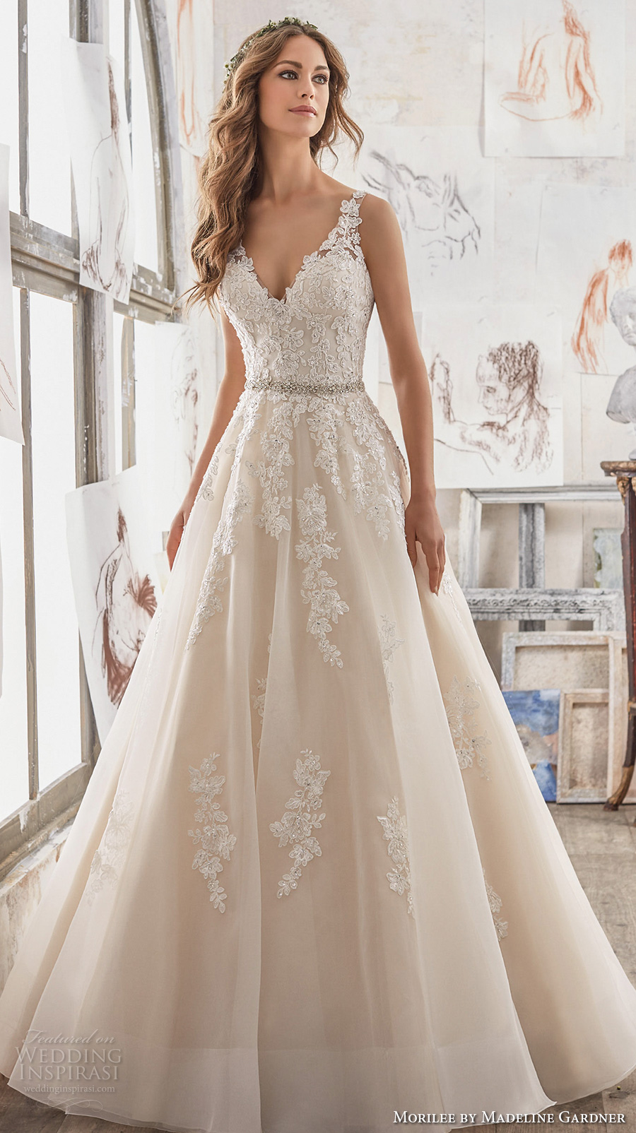 morilee spring 2017 bridal sleeveless embroidered strap v neck heavily embellished bodice romantic blush color a  line wedding dress keyhole back chapel train (5510) mv