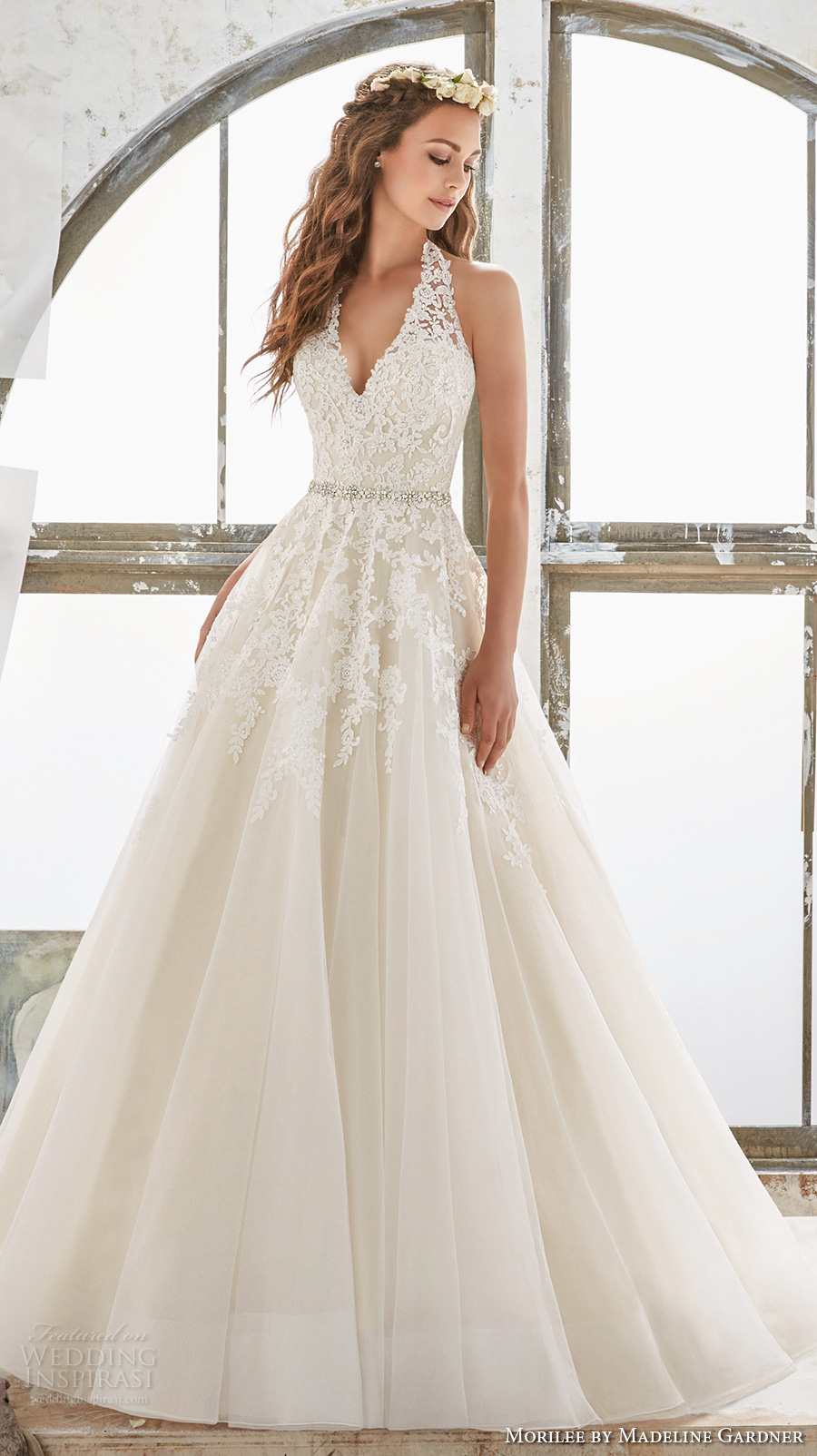 morilee spring 2017 bridal sleeveless halter v neck heavily embellished bodice romantic a  line wedding dress open low back chapel train (5513) mv