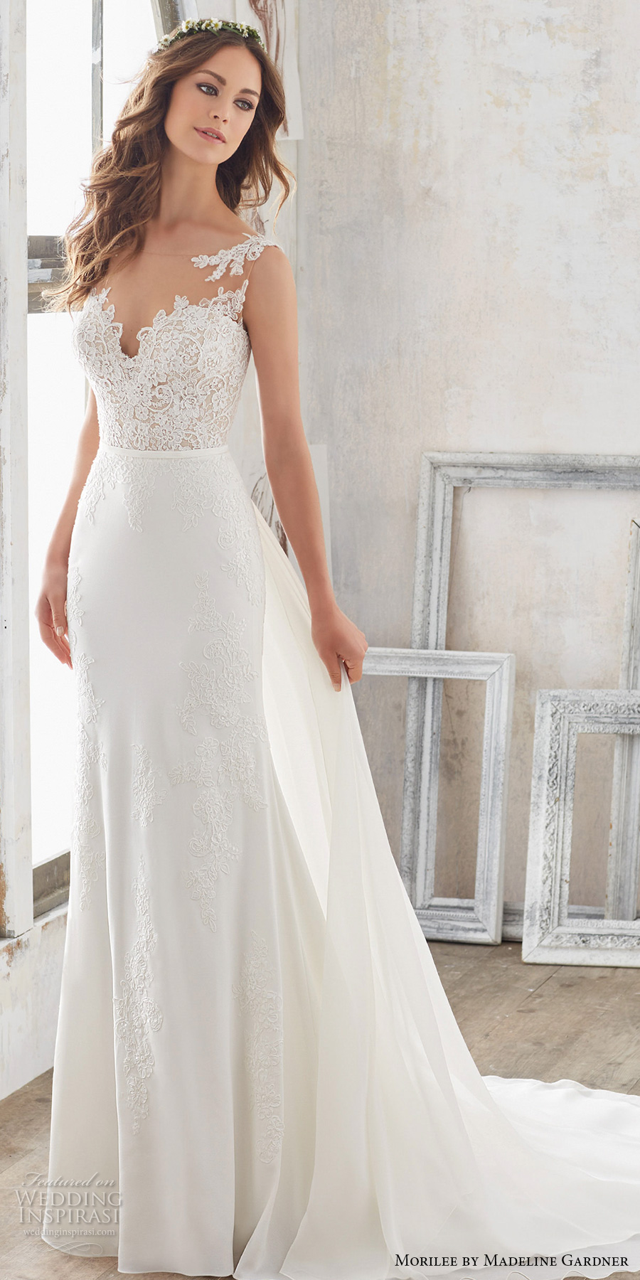 morilee spring 2017 bridal sleeveless sheer bateau sweetheart neckline heavily embellished bodice romantic fit and flare wedding dress modified a  line overskirt open back chapel train (5503) mv