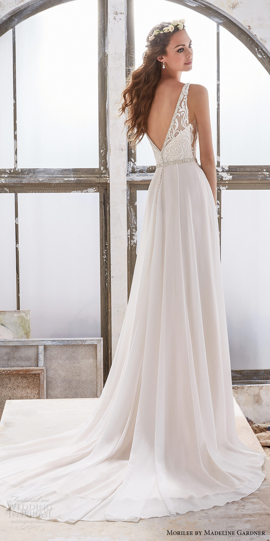 morilee spring 2017 bridal sleeveless v neck heavily embellished bodice elegant sheath wedding dress open v back chapel train (5505) bv