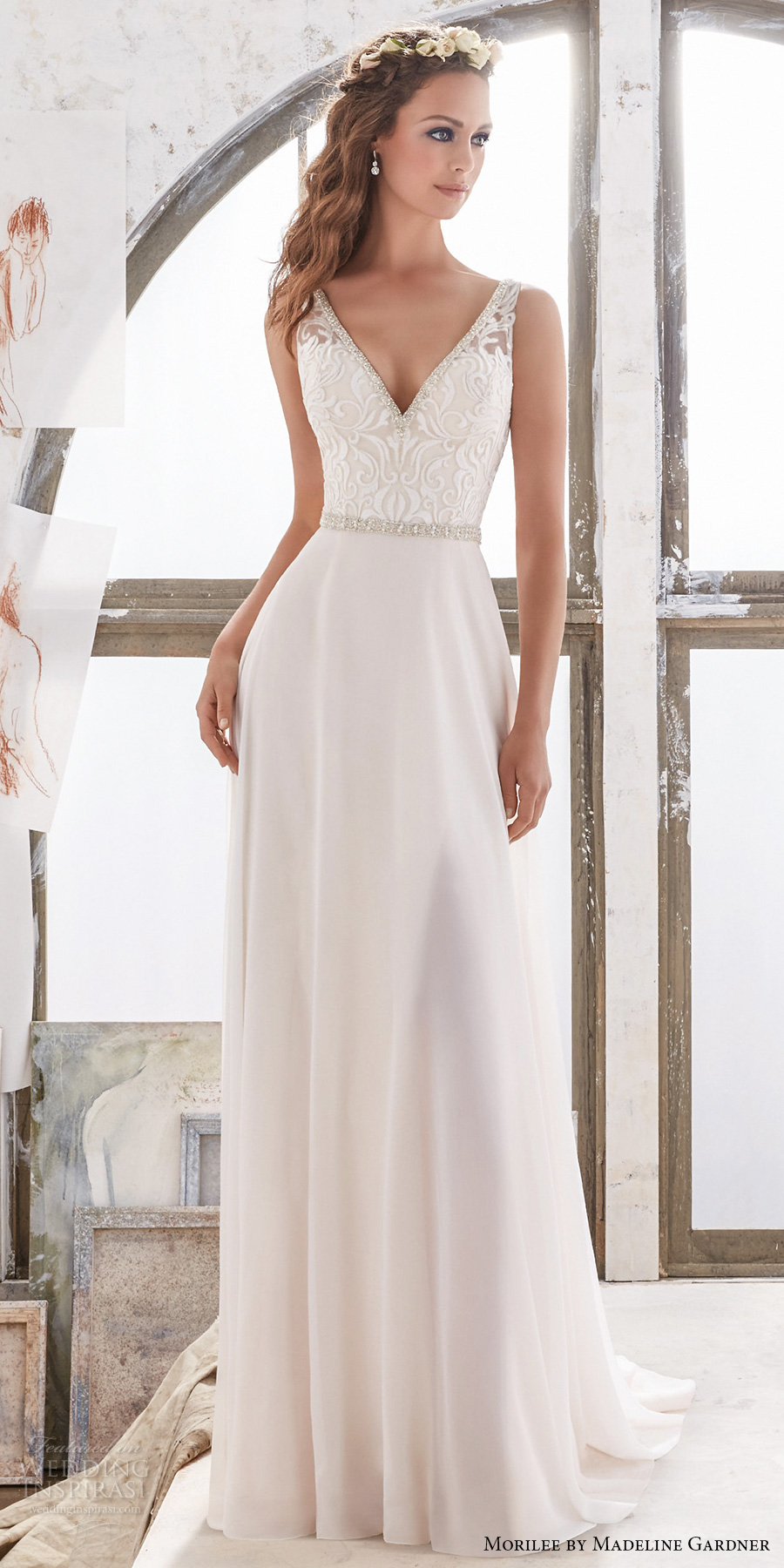 morilee spring 2017 bridal sleeveless v neck heavily embellished bodice elegant sheath wedding dress open v back chapel train (5505) mv