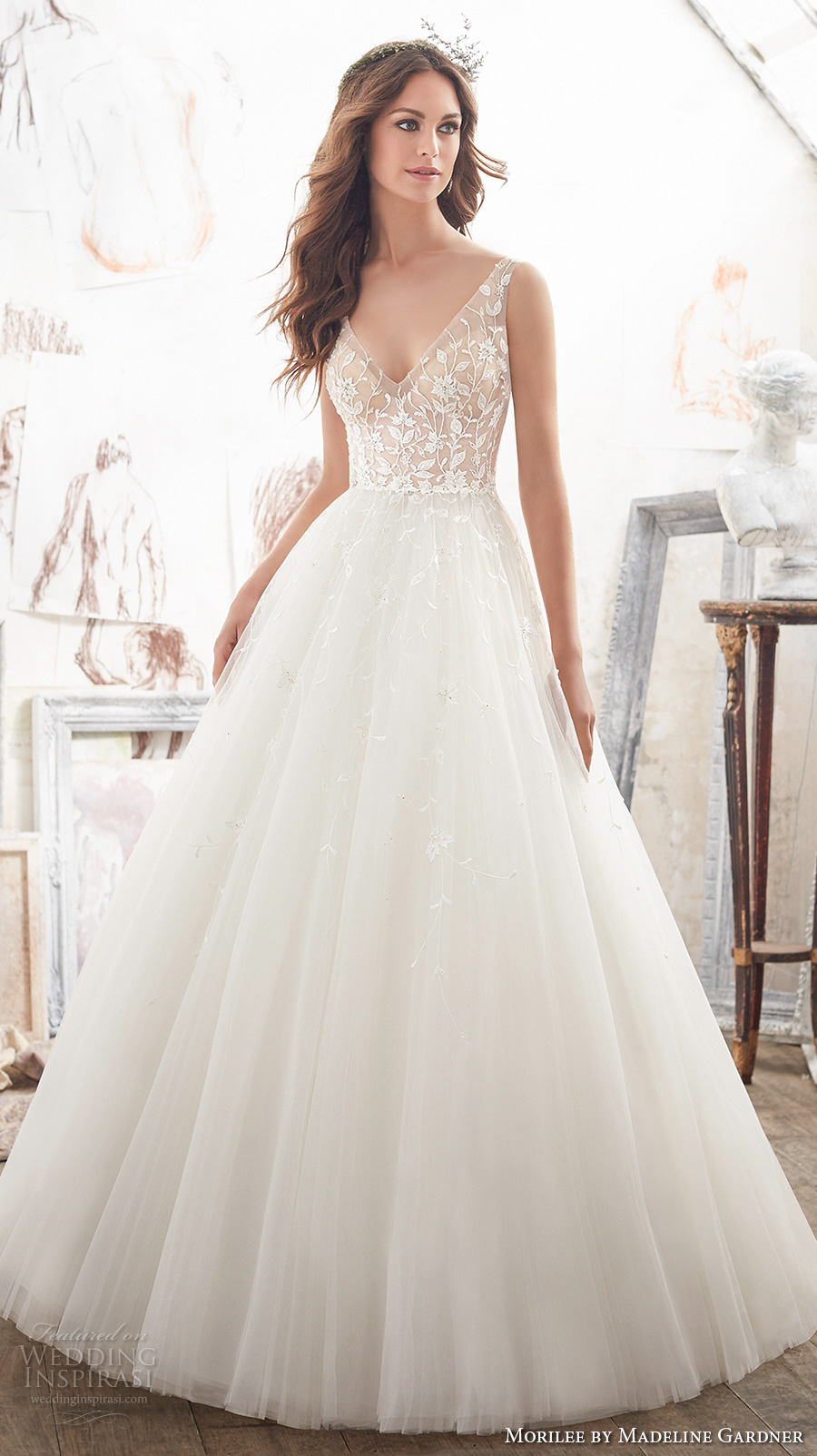 morilee spring 2017 bridal sleeveless v neck heavily embellished bodice tulle skirt romantic a  line wedding dress open v back chapel train (5515) mv